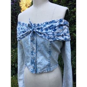 Vintage 90s cropped denim off the shoulder shirt